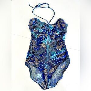 Vintage 70s DeWeese Design Halter Tie Blue Tropical Swimsuit